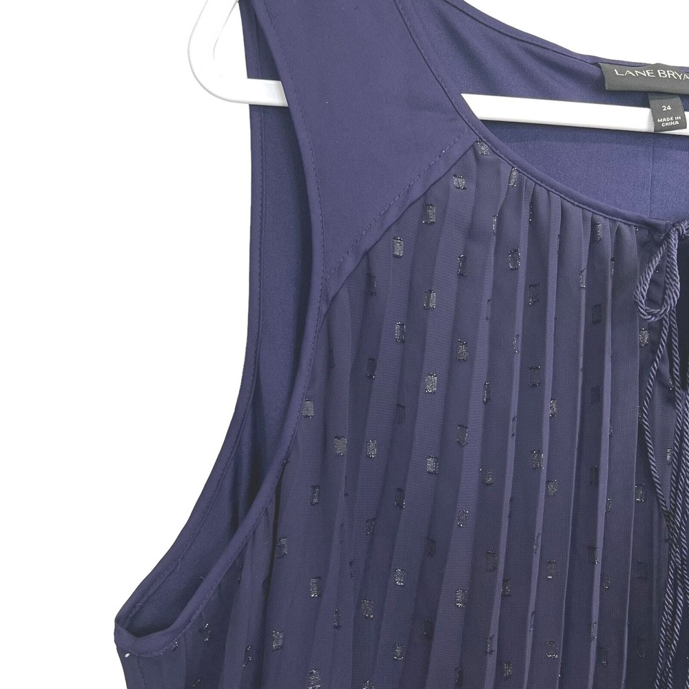 Lane Bryant Pleated Tank Top Navy Blue Metallic Dot Tassel Tie Blouse Size 24 - Picture 7 of 11